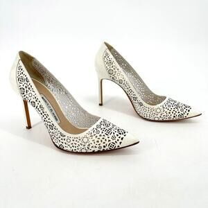 Manolo Blahnik White Leather Laser Cut Bb 105 Floral Pointed Toe Pump IT 38.5